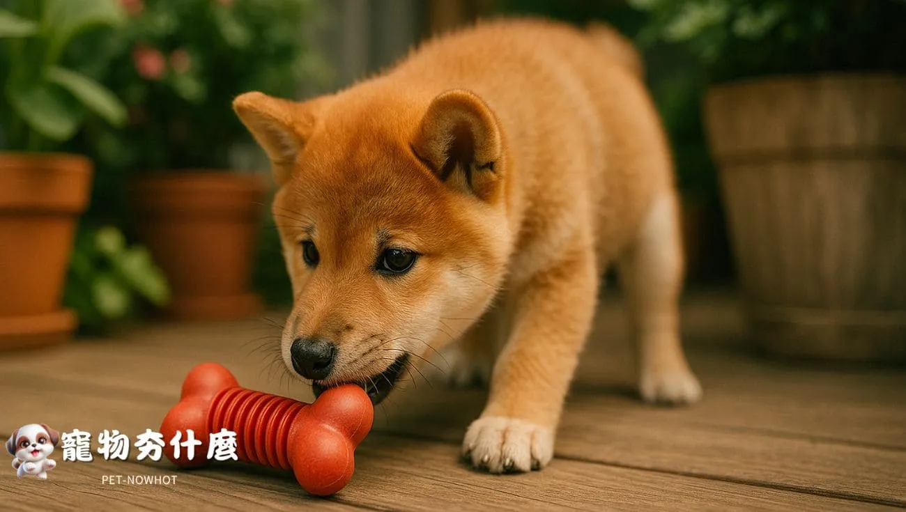 柴犬幼犬啃咬玩具探索環境