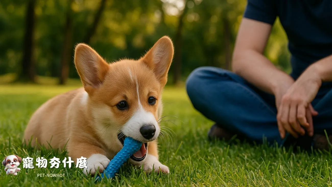 柯基幼犬咬咬玩具轉移注意