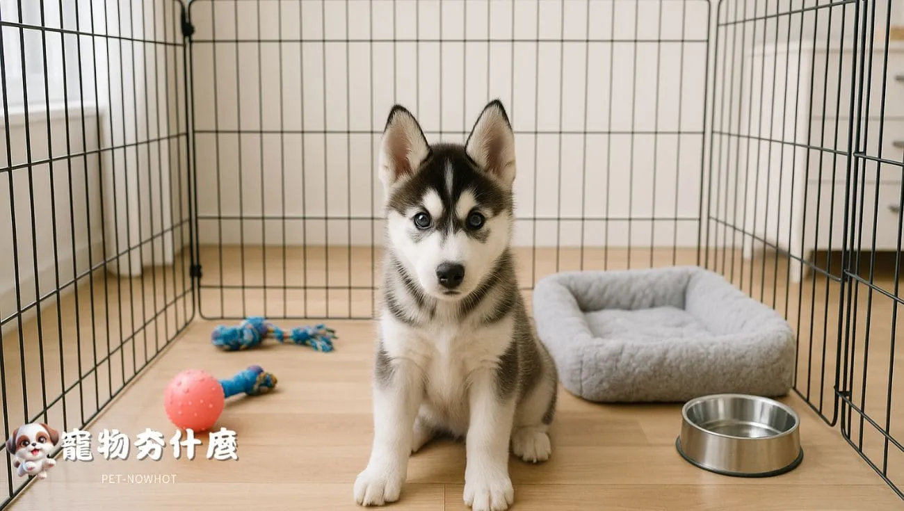 哈士奇幼犬圍欄防護場景