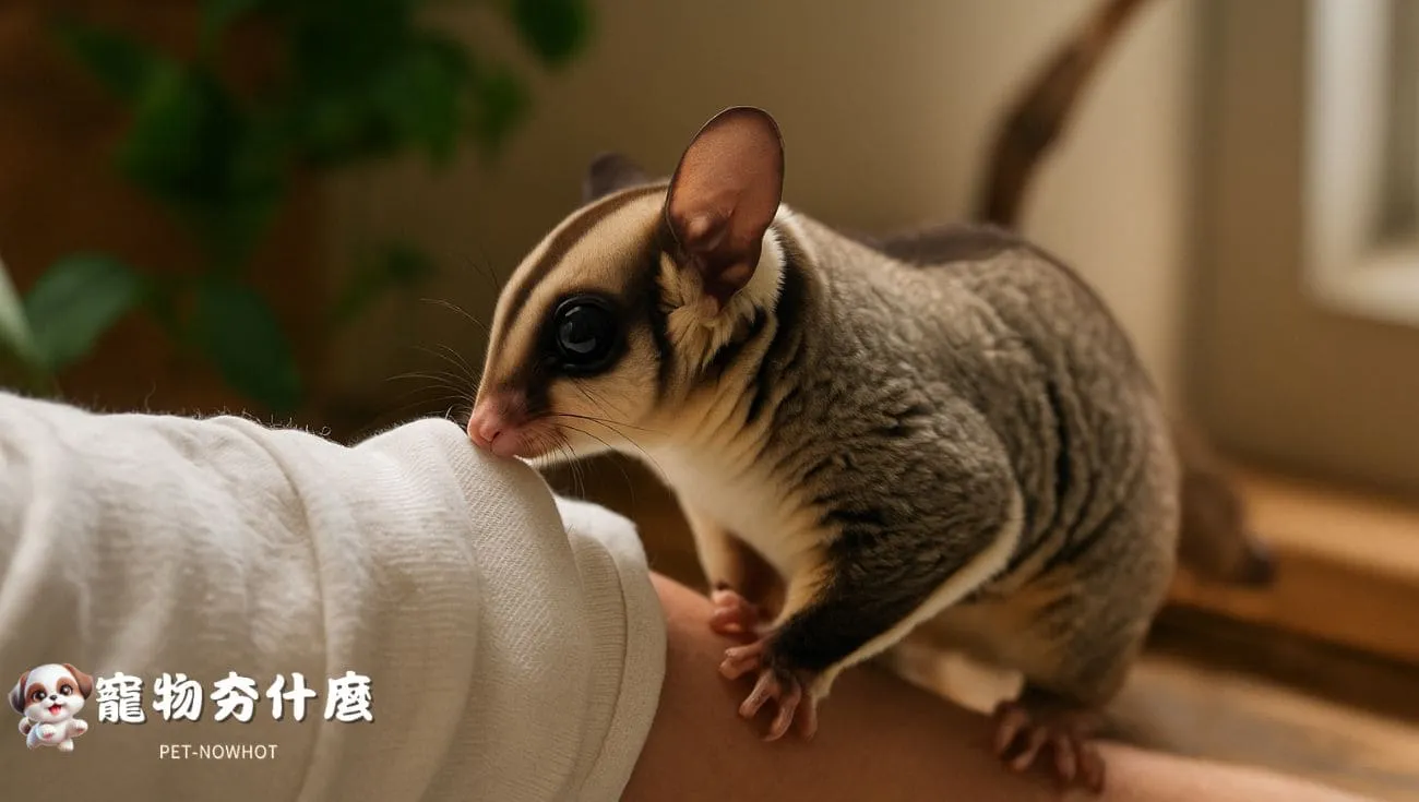 蜜袋鼯聞主人衣袖建立氣味連結中