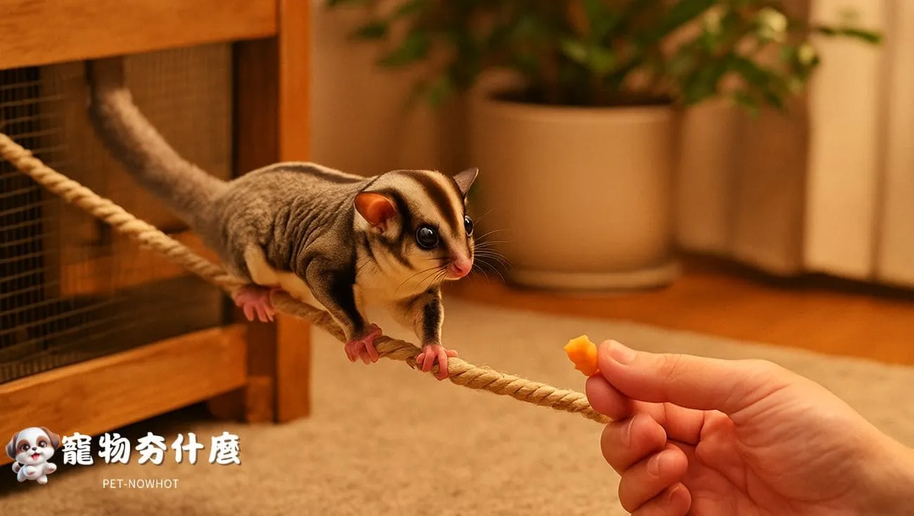 蜜袋鼯沿繩返回籠舍取點心獎勵時