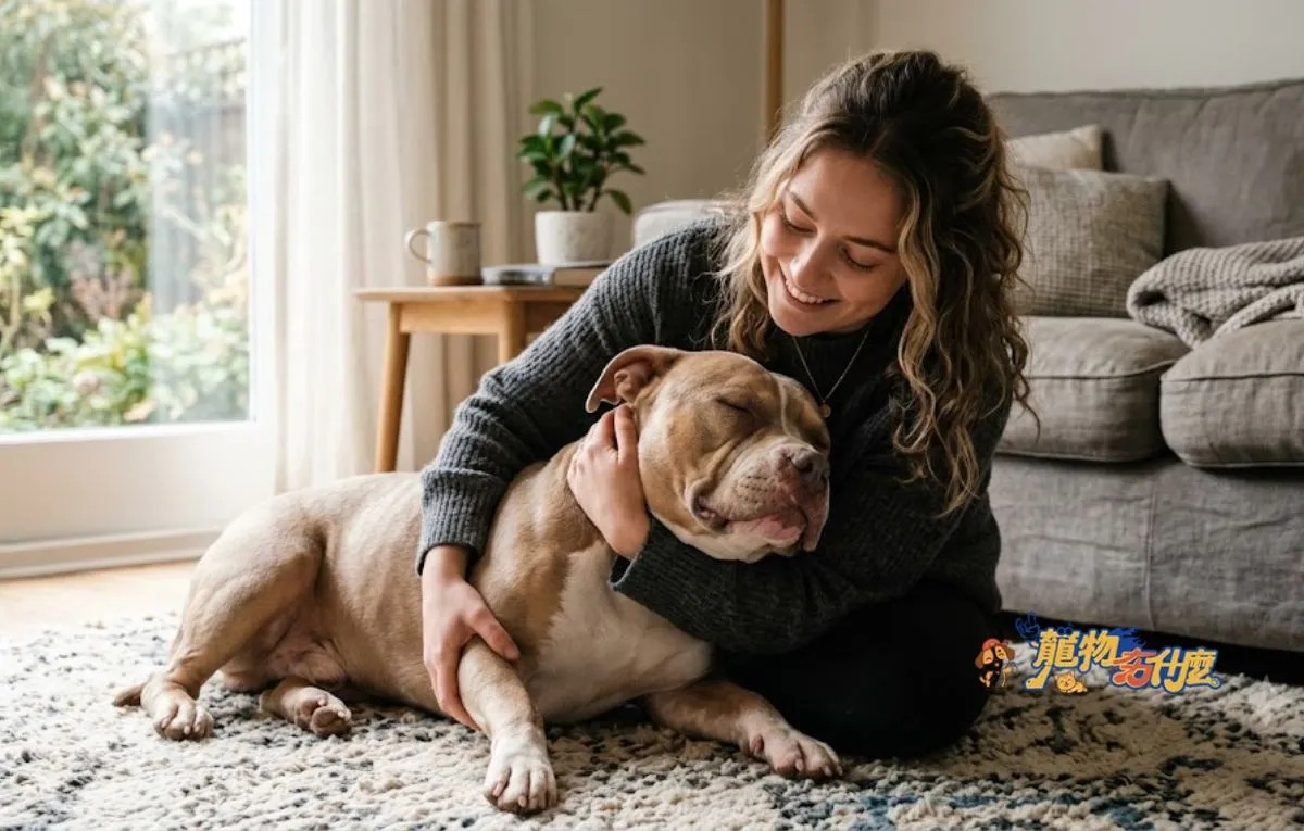 美國惡霸犬好養嗎?新手飼養全攻略:性格解析、優缺點與疾病預防 3 美國惡霸犬客廳與家人溫馨依偎