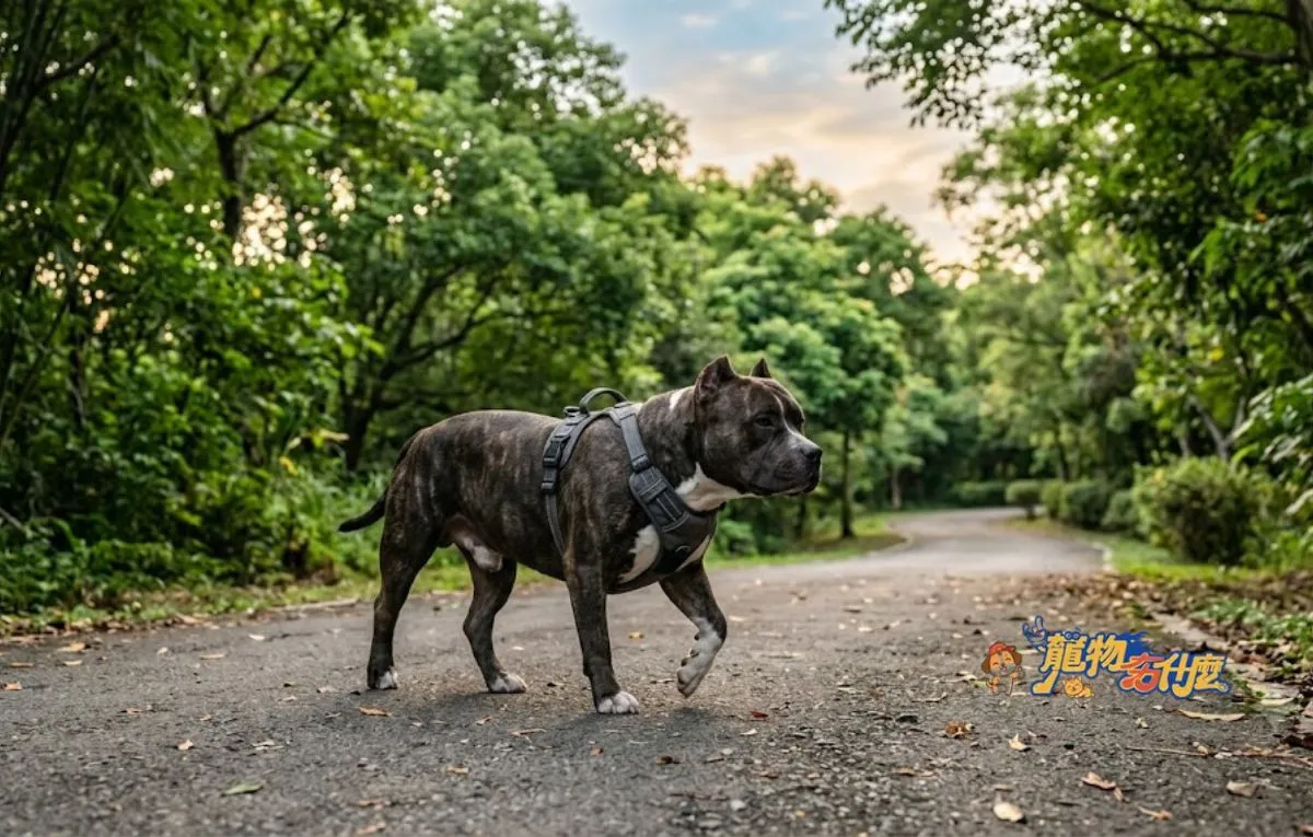 美國惡霸犬好養嗎?新手飼養全攻略:性格解析、優缺點與疾病預防 4 美國惡霸犬傍晚時分公園牽繩散步