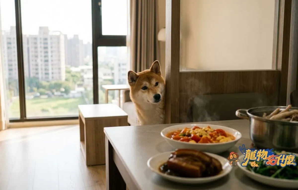 狗狗可以吃什麼人類食物?安全水果與禁忌清單 3 狗狗看著桌上人類食物的渴望模樣。