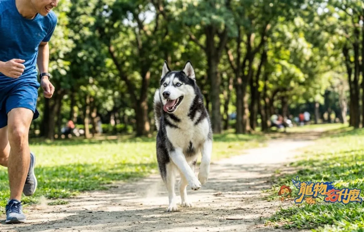 哈士奇好養嗎?新手飼養攻略與優缺點評估 4 飼主與哈士奇在戶外進行慢跑訓練。
