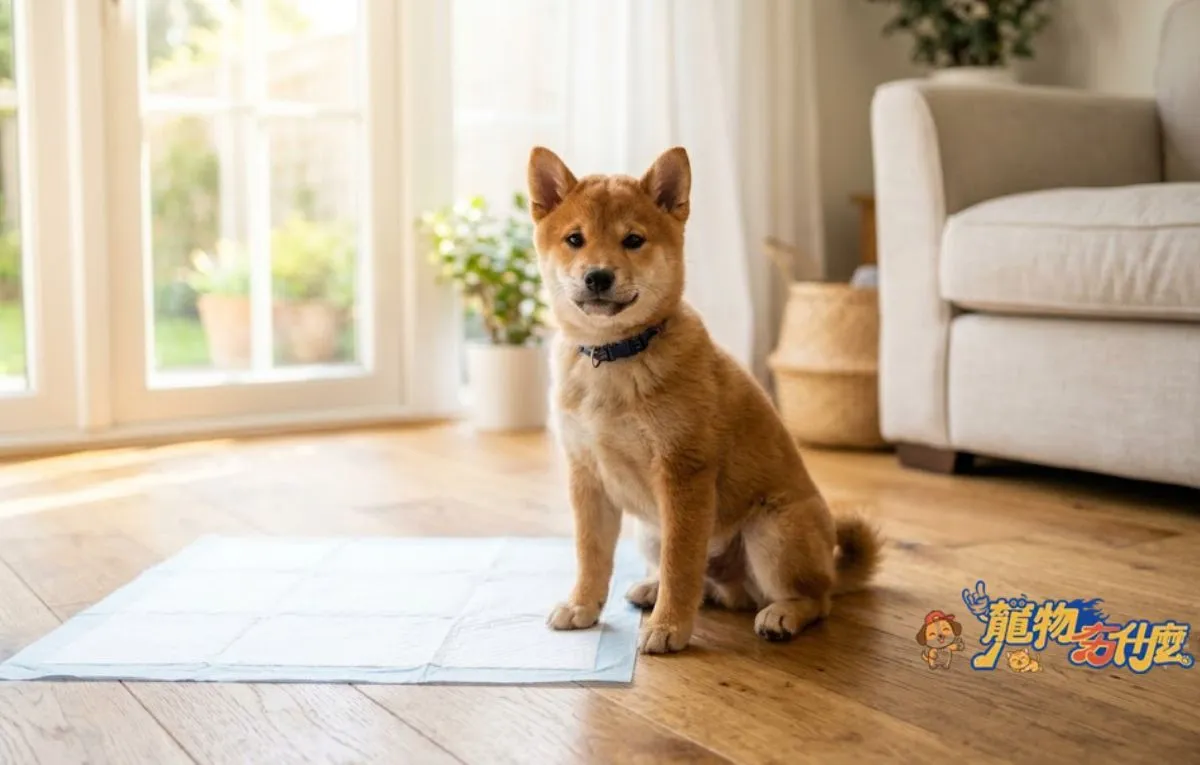 幼犬怎麼教?定點大小便與社會化訓練指南 4 飼主引導柴犬幼犬至尿墊區域如廁。