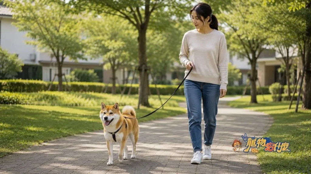 狗狗肚子一直咕嚕叫?腸胃原因與就醫時機 5 飼主帶著狗狗在公園散步消化