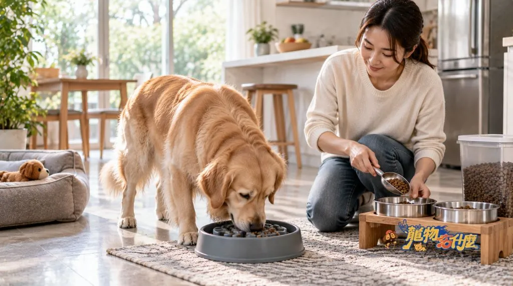 狗狗胃扭轉怎麼看?腹脹乾嘔與急救警訊 7 黃金獵犬以慢食碗安靜分餐進食